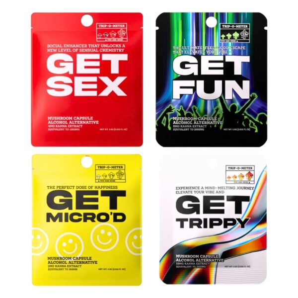 Four stand-up pouches of Trip-o-Meter Mushroom Capsule Alcohol Alternative arranged in a 2x2 grid on a white background. The packages are red with white text reading 'GET SEX', black with green text and graphics reading 'GET FUN', yellow with black text reading 'GET MICRO'D', and white with rainbow graphics and black text reading 'GET TRIPPY'.