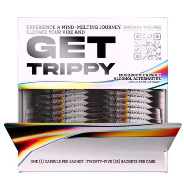 Get Trippy mushroom capsule alcohol alternative in a white box with rainbow accents and visible sachets inside.