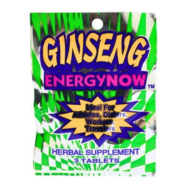 Ginseng EnergyNow herbal supplement package containing 3 tablets, featuring a vibrant green, purple, and yellow design with bold text.