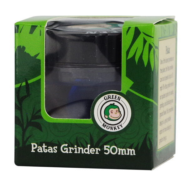 Green Monkey Patas Grinder 50mm in its original green packaging box with a clear plastic window.