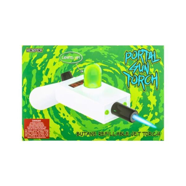 Hemper Portal Gun refillable jet torch with a white body, green LED dome, and blue flame on a green portal background.