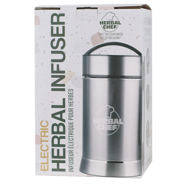 Herbal Chef Electric Herbal Infuser in its retail packaging, showing the stainless steel infuser bottle on a white box with green and gold text.