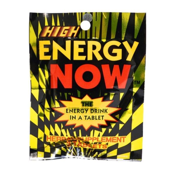 High Energy Now herbal supplement tablets in a metallic black and yellow bag with bold red and yellow text.