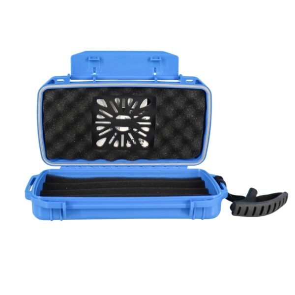 Integra Boost Plastic Cigar Box Blue with black foam lining inside and a black strap or accessory attached to the side.