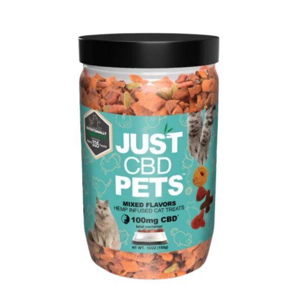 Jar of Just CBD Pets cat treats with a black lid on a white background
