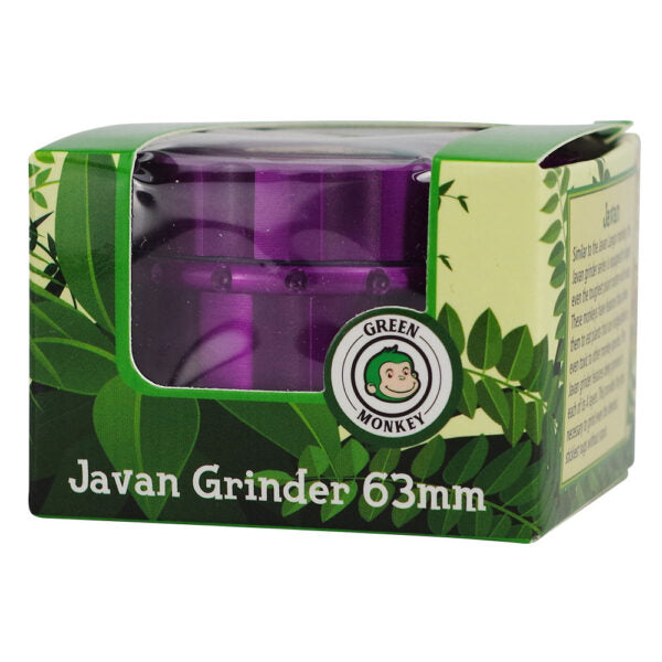 Javan Grinder 63mm by Green Monkey in its original retail packaging, featuring a purple cylindrical grinder visible through a clear plastic window on a green and white box with leaf illustrations.