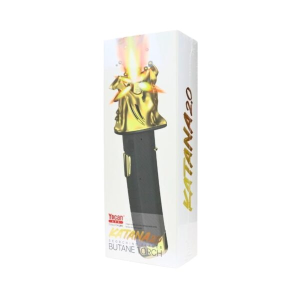Katana 20 butane torch in its white retail packaging, featuring a graphic of the black and gold torch with a flame effect.