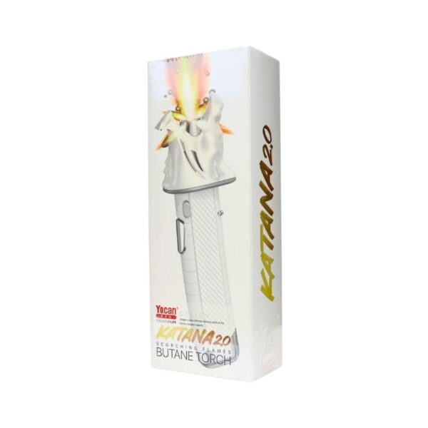 Katana 20 butane torch in its white retail packaging, featuring a graphic of the white cylindrical torch with a flame effect and gold 'KATANA 20' branding.