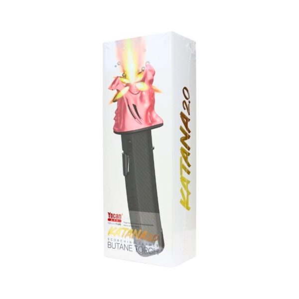 Katana 20 electric butane torch in its white retail packaging, featuring a black textured handle and a pink flame head with yellow accents.