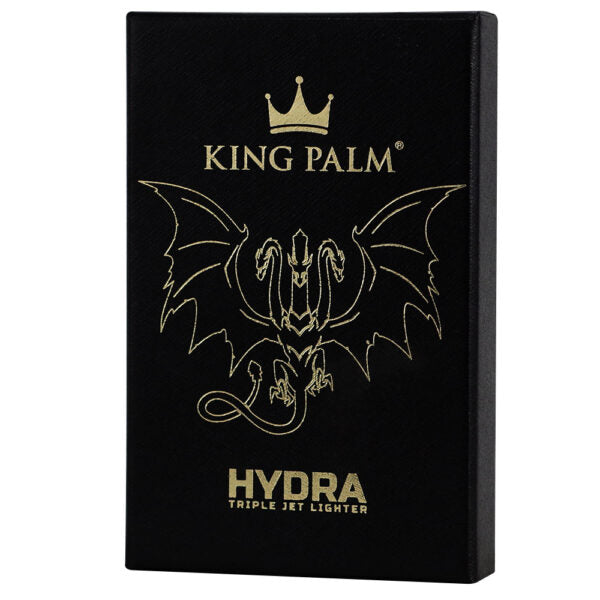 King Palm Hydra Triple Jet Lighter box in black with gold lettering and a gold dragon illustration, shown on a plain white background.