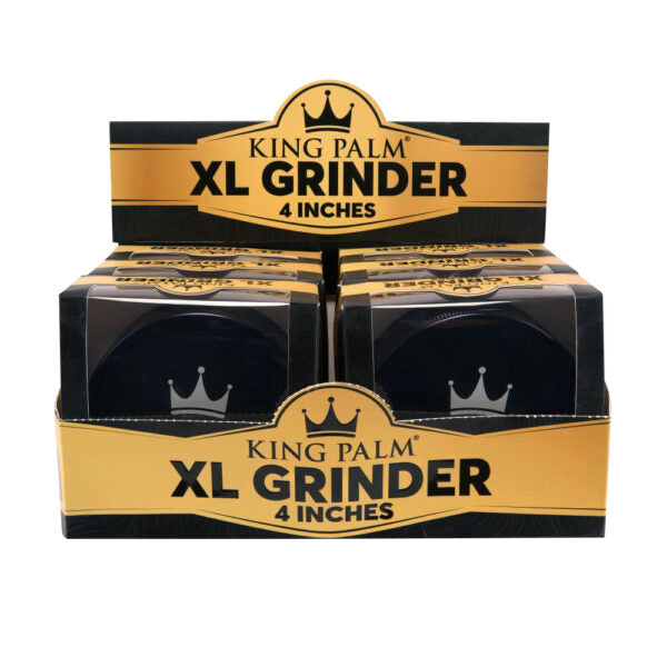 King Palm XL Grinder 4-inch display box containing four black cylindrical grinders with clear plastic fronts and gold-and-black branding.