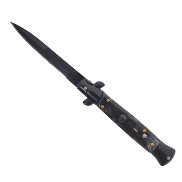 Knife with a black handle and blade on a white background