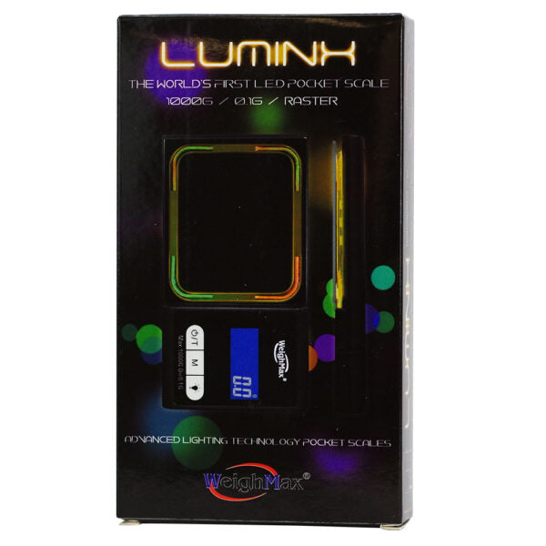 LUMINK LED pocket scale in its original black packaging box, featuring glowing neon graphic illustrations of the digital scale and a weighing tray on a white background.