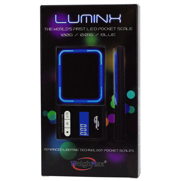 LUMINK LED pocket scale in its retail packaging, featuring a black box with a graphic of the blue-lit scale and the LUMINK and WeighMax brand names.