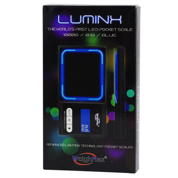 LUMINK LED pocket scale in its retail packaging, featuring a black box with a graphic of the illuminated blue scale and a pen accessory.