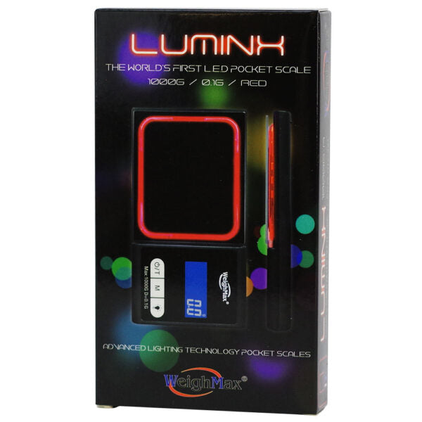 LUMINK LED pocket scale in its retail packaging, featuring a black box with glowing red LED lighting graphics and a blue digital display on the front.