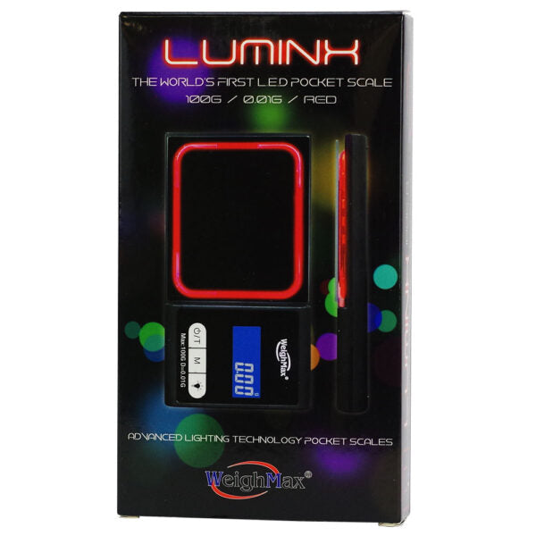 LUMINK LED pocket scale in its retail packaging, featuring a black box with red neon-style text and a photo of the scale displaying a red LED border.