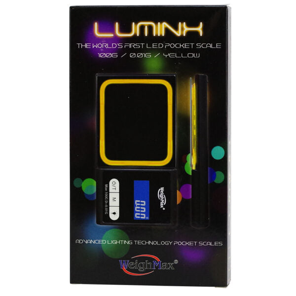 LUMINK LED pocket scale in its retail packaging, featuring a black digital scale with a glowing yellow outline and a matching yellow pencil inside a black box.