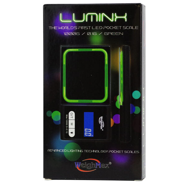 LUMINK brand WeightMax LED pocket scale in its original retail packaging. The box is black with green and multicolor LED graphics showing the illuminated scale design.