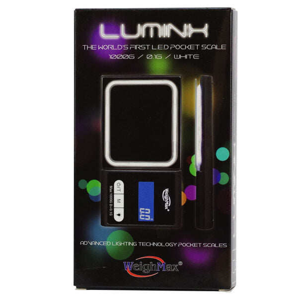LUMINK digital pocket scale in its retail packaging, featuring a black body with a white bezel and blue LCD screen, alongside a slim white accessory inside the box.