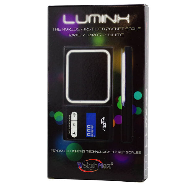 LUMINK digital pocket scale in its retail packaging, featuring a black box with colorful light effects and a clear window showing the scale and its charging cable.