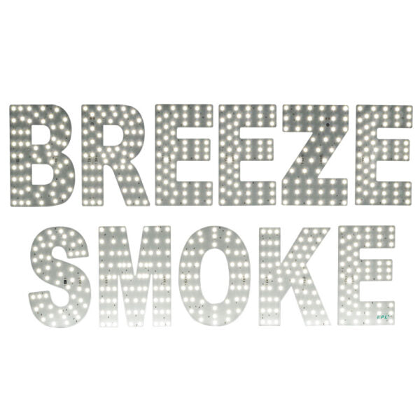 Light-up LED wall sign spelling 'BREEZE SMOKE' in large block letters, with the letters filled with many small illuminated bulbs and a white background.