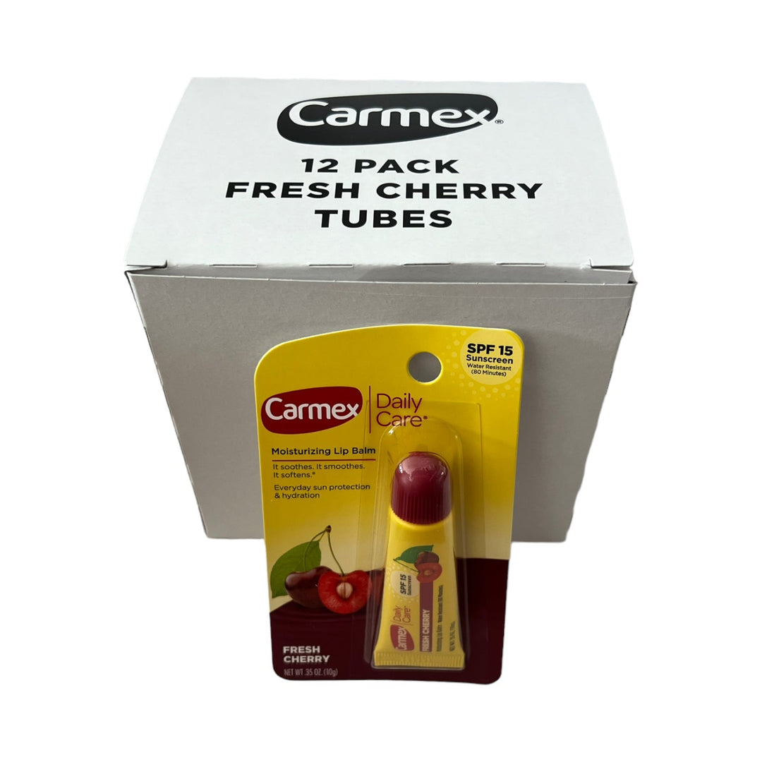Lip Balm – Carmex, 12 Count Display Box-Fresh Cherry Tube Cards 12ct 0.35OZ-083078009564-Reval Distributor