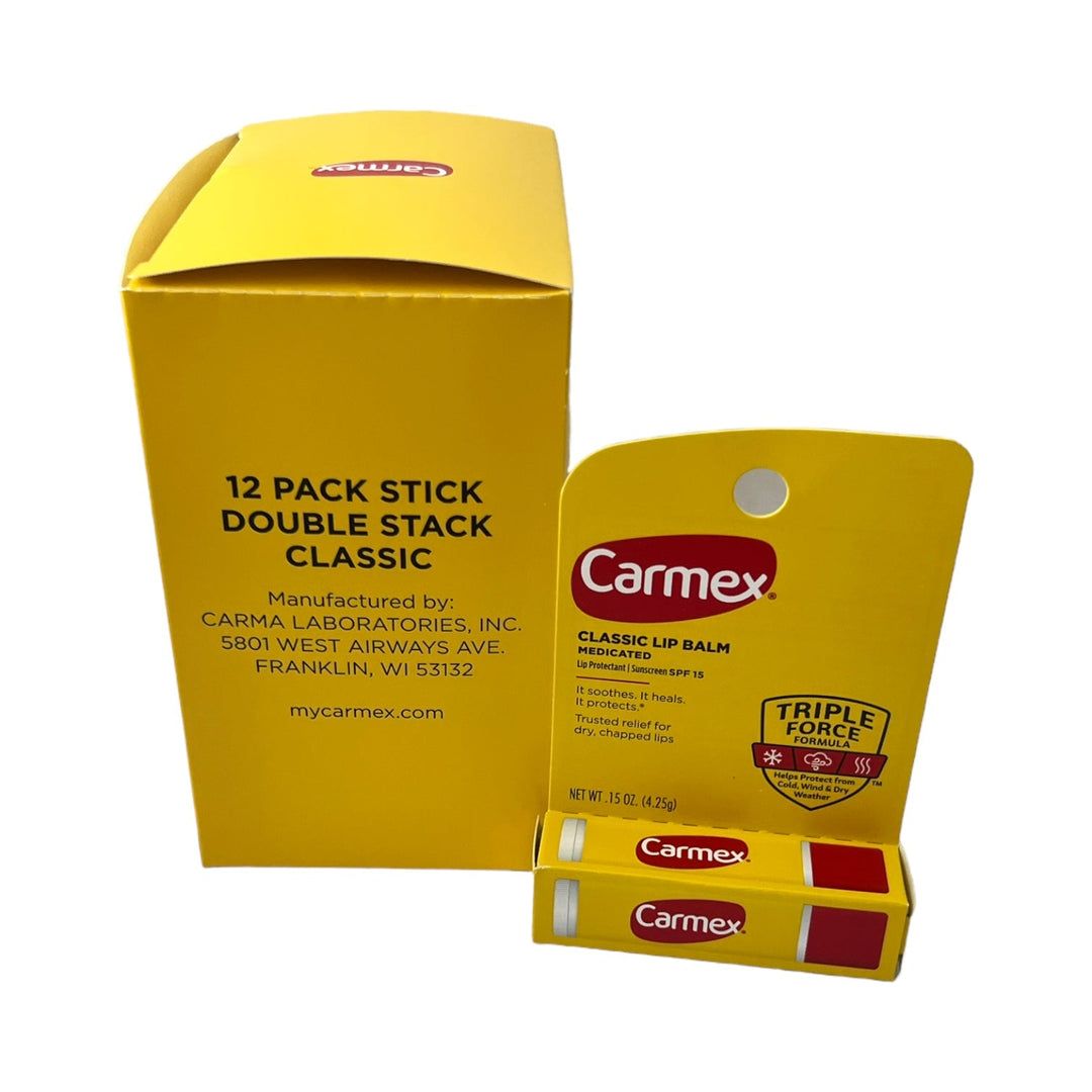 Lip Balm – Carmex, 12 Count Display Box-Original Stick Cards 12ct 0.15OZ-083078123178-Reval Distributor