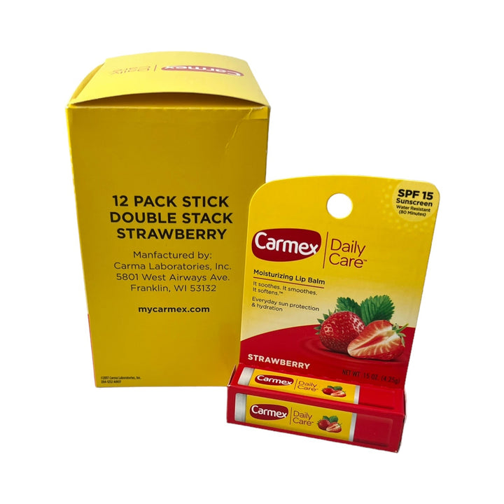 Lip Balm – Carmex, 12 Count Display Box-Strawberry Stick Cards 12ct 0.15OZ-083078009533-Reval Distributor