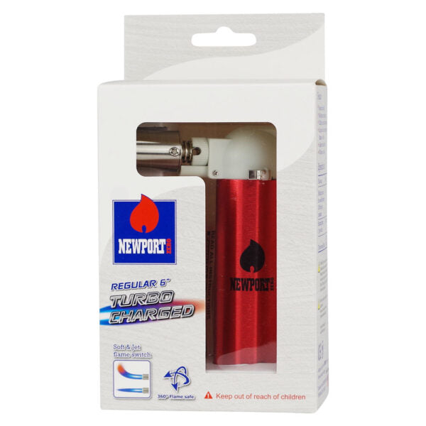 Newport Regular 6" Turbo Charged torch lighter in its original white retail packaging, showing the red metallic lighter through a clear plastic window.