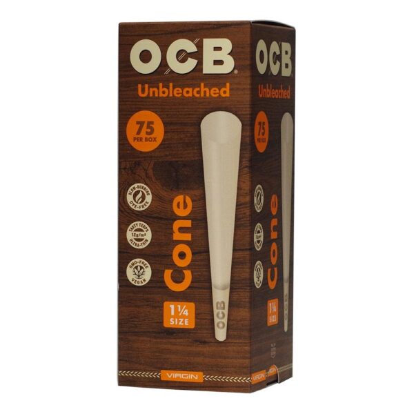 OCB Unbleached 75 paper cone box, 1 1/4 size, featuring a dark wood grain design with orange and white text, and a graphic of a single unbleached cone.