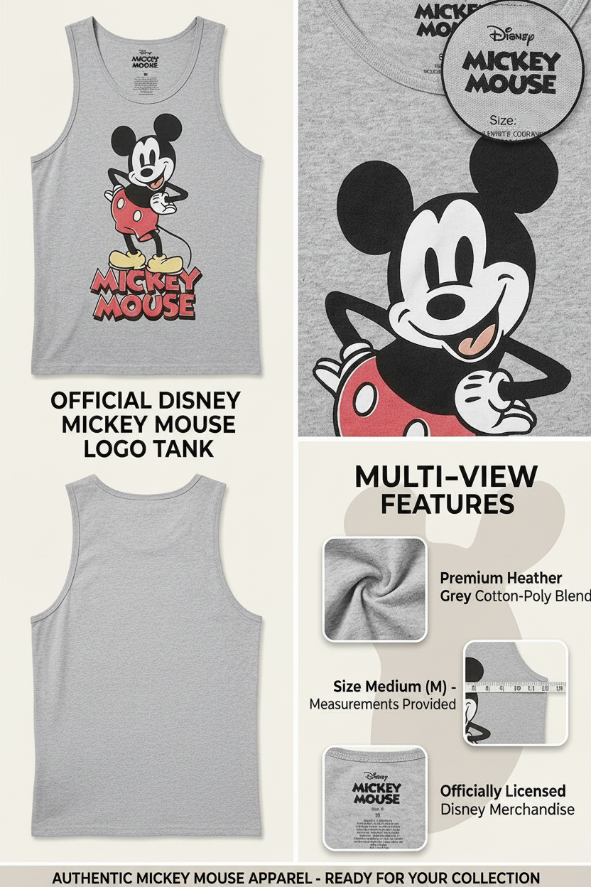 Official Disney Mickey Mouse tank top in grey heather, shown in multiple views with character graphics and product details on a light beige background.
