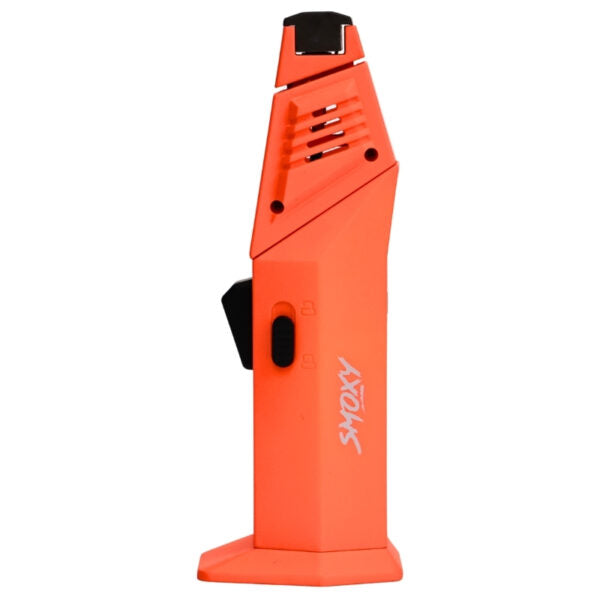 Orange handheld torch lighter with a black top on a white background