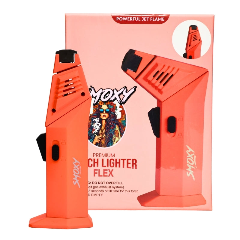 Orange torch lighter with packaging featuring a colorful graphic and brand name on a white background.