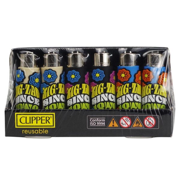 Pack of Clipper lighters with colorful designs on a white background