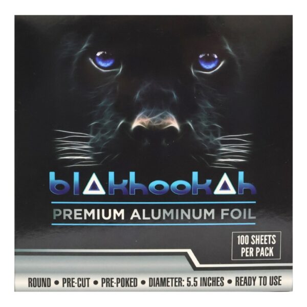 Packaging box for blakhookah Premium Aluminum Foil, featuring a dramatic black panther face with glowing blue eyes on a dark background, with product details at the bottom.