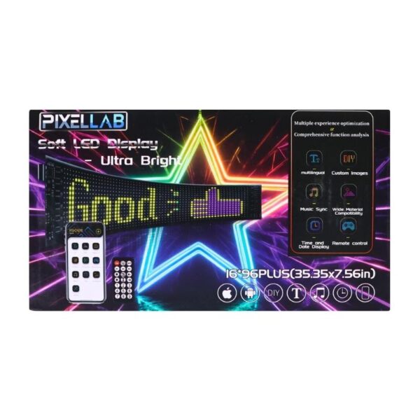 Pixellab 16x9 LED display banner with remote control, shown in its retail packaging box with colorful neon graphics.