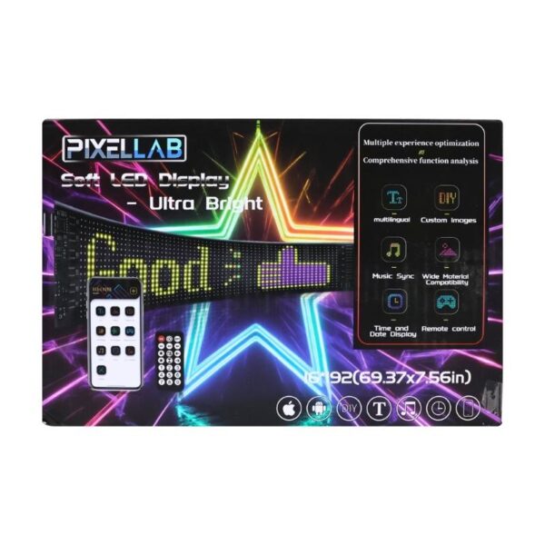 Pixellab soft LED display banner kit packaging, featuring a black banner with multicolor LED lights, a white remote control, and a touch screen interface graphic on a black background.