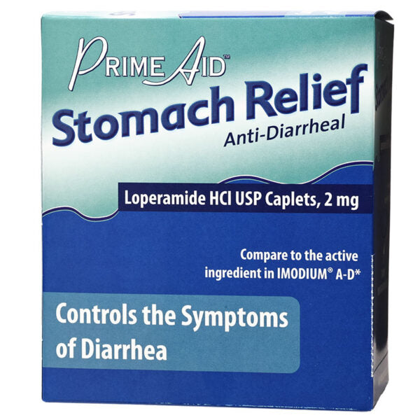 Prime Aid Stomach Relief Anti-Diarrheal medicine box, 2 mg caplets, shown on a plain white background.