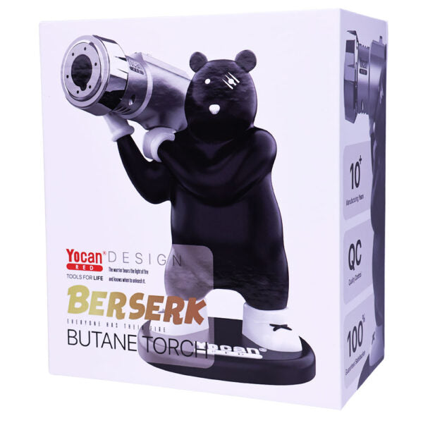 Product packaging box for a Yocan Design Berserk butane torch, featuring a black bear figurine holding a silver telescope on a white background.