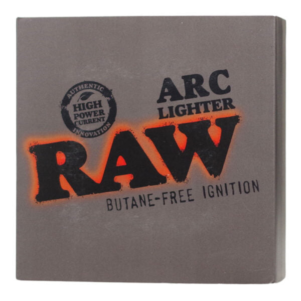 RAW Arc Lighter box in a dark gray color with black and orange branding.