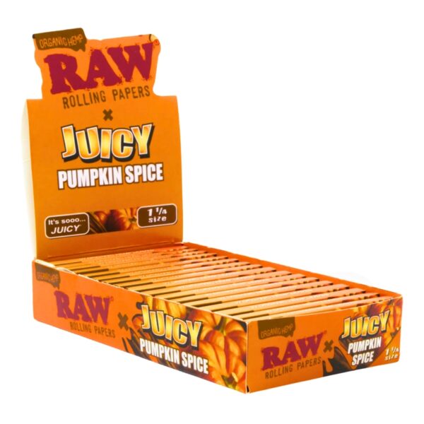 RAW Rolling Papers Juicy Pumpkin Spice 1 1/2 pack display box on a white background.