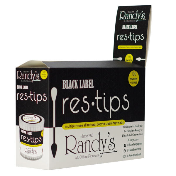Randy's Black Label res-tips multipurpose all-natural cotton cleaning swabs retail packaging box, featuring a black and white design with a small yellow circular badge indicating 100 swabs.