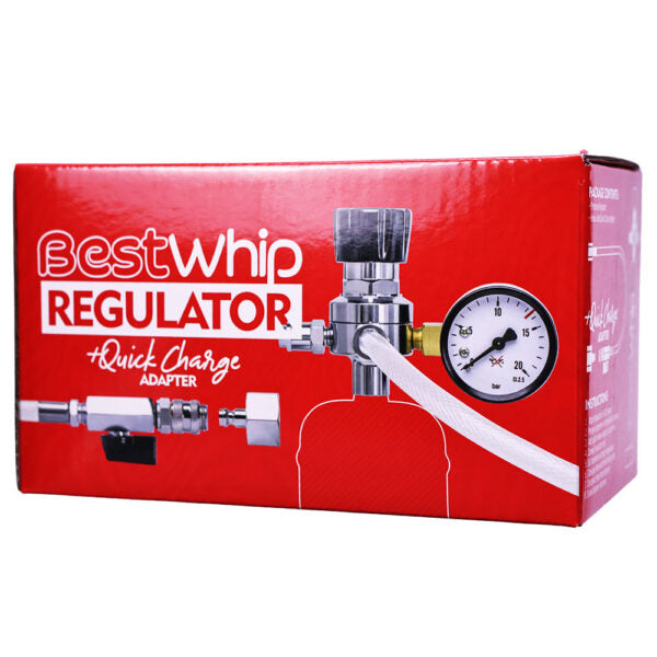 Red retail packaging box for a Best Whip Regulator Quick Charge Adapter, featuring product graphics and branding on a white background.