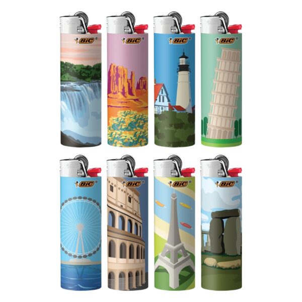 Set of BIC lighters with various global landmarks on a white background