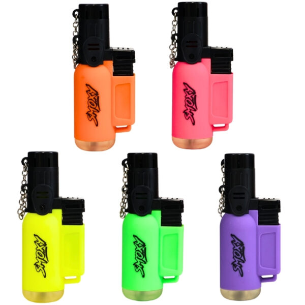 Set of six colorful lighters with chains on a white background