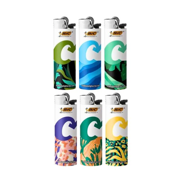 Six BIC Rechargeable lighter sticks arranged in two rows of three on a plain white background. Each lighter has a white upper section with a colorful abstract wave or floral pattern near the bottom.