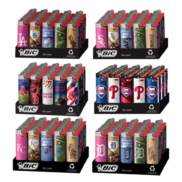 Six BIC lighters arranged in two columns of three on black display stands against a white background. Each stand holds multiple BIC brand lighters featuring different sports team logos, including Los Angeles Dodgers, Chicago White Sox, Boston Red Sox, Philadelphia Phillies, Kansas City Royals, Tampa Bay Rays, Kansas City Chiefs, Cincinnati Reds, Boston Red Sox, Philadelphia Phillies, Kansas City Royals, Tampa Bay Rays, and Detroit Tigers.