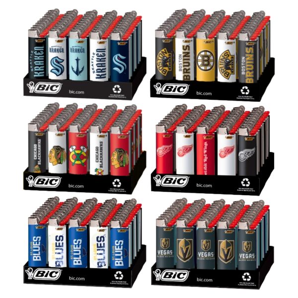 Six BIC lighters in team colors arranged in two columns of three on black display stands against a white background. The team designs include Boston Bruins
Chicago Blackhawks
Detroit Red Wings
Pittsburgh Penguins
Seattle Kraken
St. Louis Blues
Vegas Golden Knights