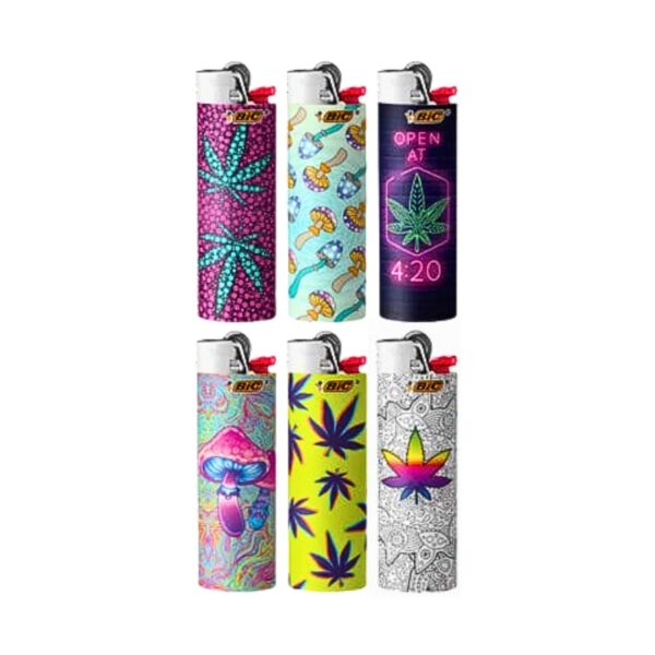 Six BIC lighters with colorful marijuana-themed designs, including cannabis leaves, mushrooms, and psychedelic patterns, arranged in a 2x3 grid on a white background.